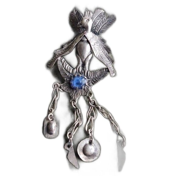 Antique Peruvian Peacock Shawl Pin/Brooch Cabochon Blue Stone Silver Ove… - Picture 1 of 10